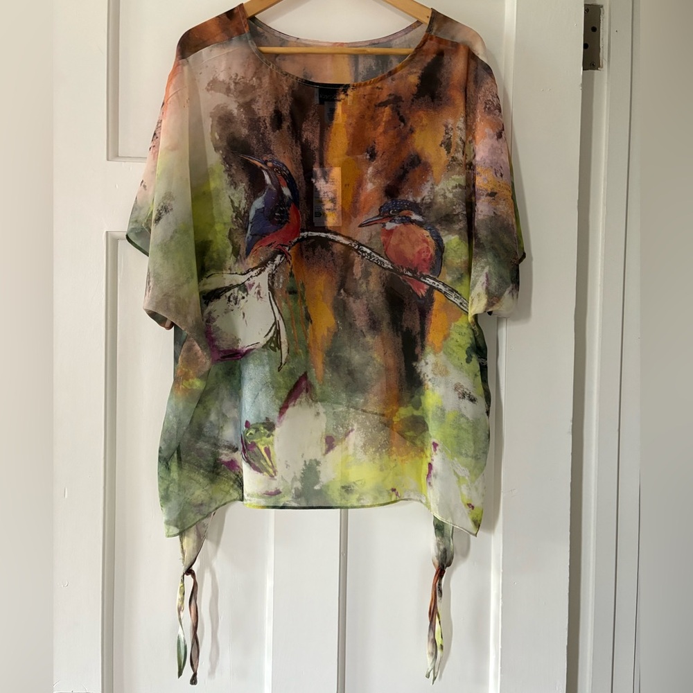 NWT Women's Peck & Peck Sheer Top Art to Wear Birds Floral Flowy Popover  Size S - Picture 2 of 10